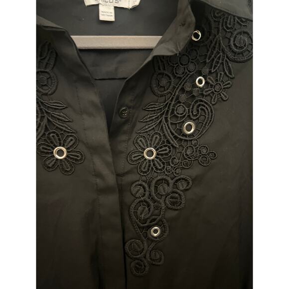 Chico's Whimsigoth Poplin Lace Grommet Midi Dress Black Sz 6 asymmetrical Witchy - Picture 10 of 11